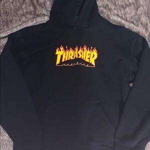 Black thrasher hoodie with yellow and orange logo